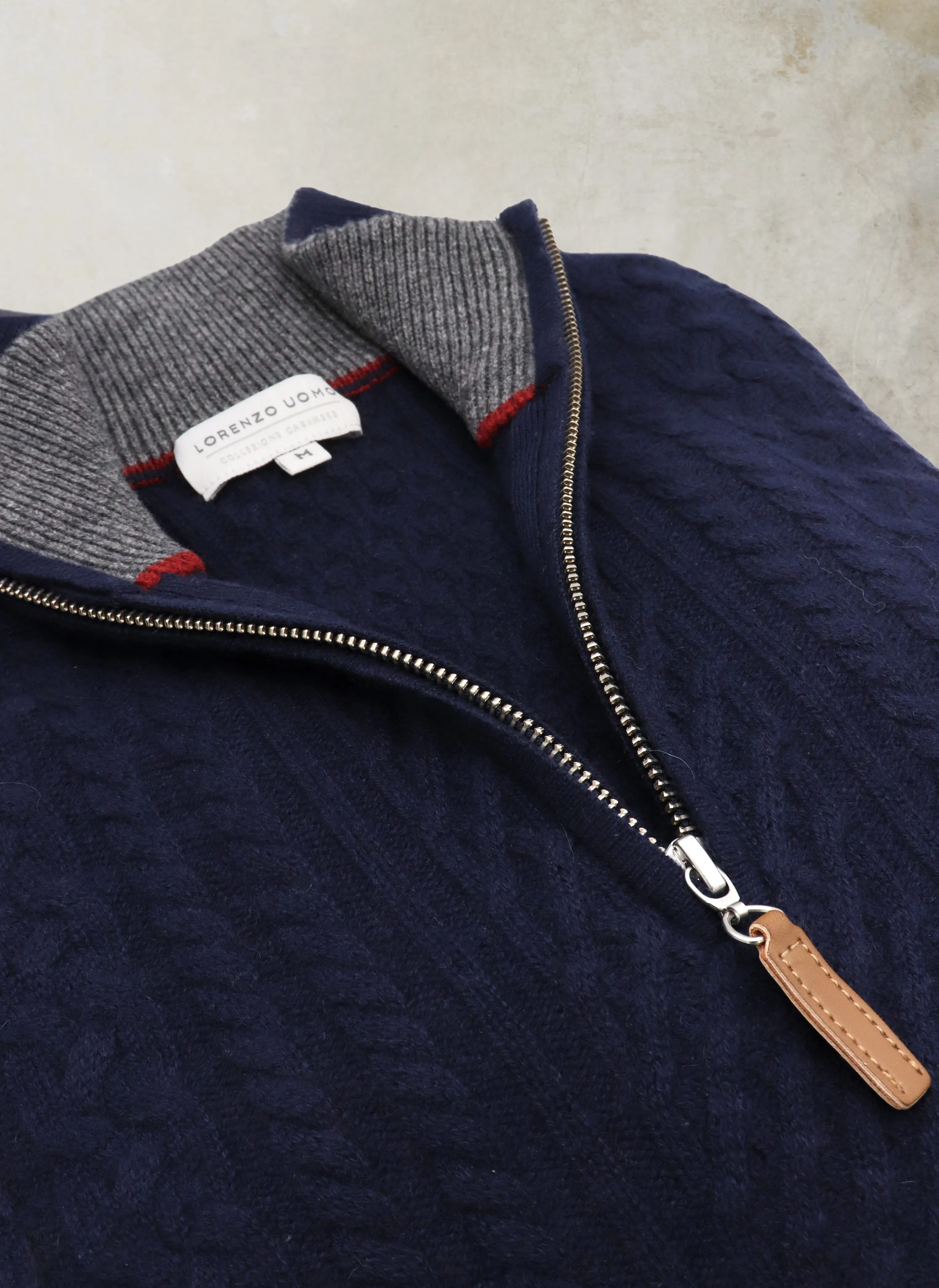 Men's Aalborg Cable Quarter Zip Cashmere Sweater in Navy