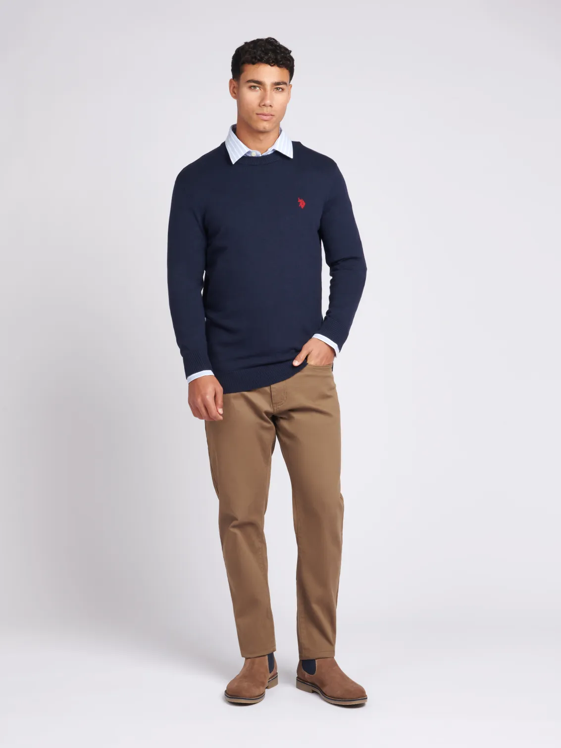 Mens Cotton Crew Neck Jumper in Navy Blazer / Haute Red