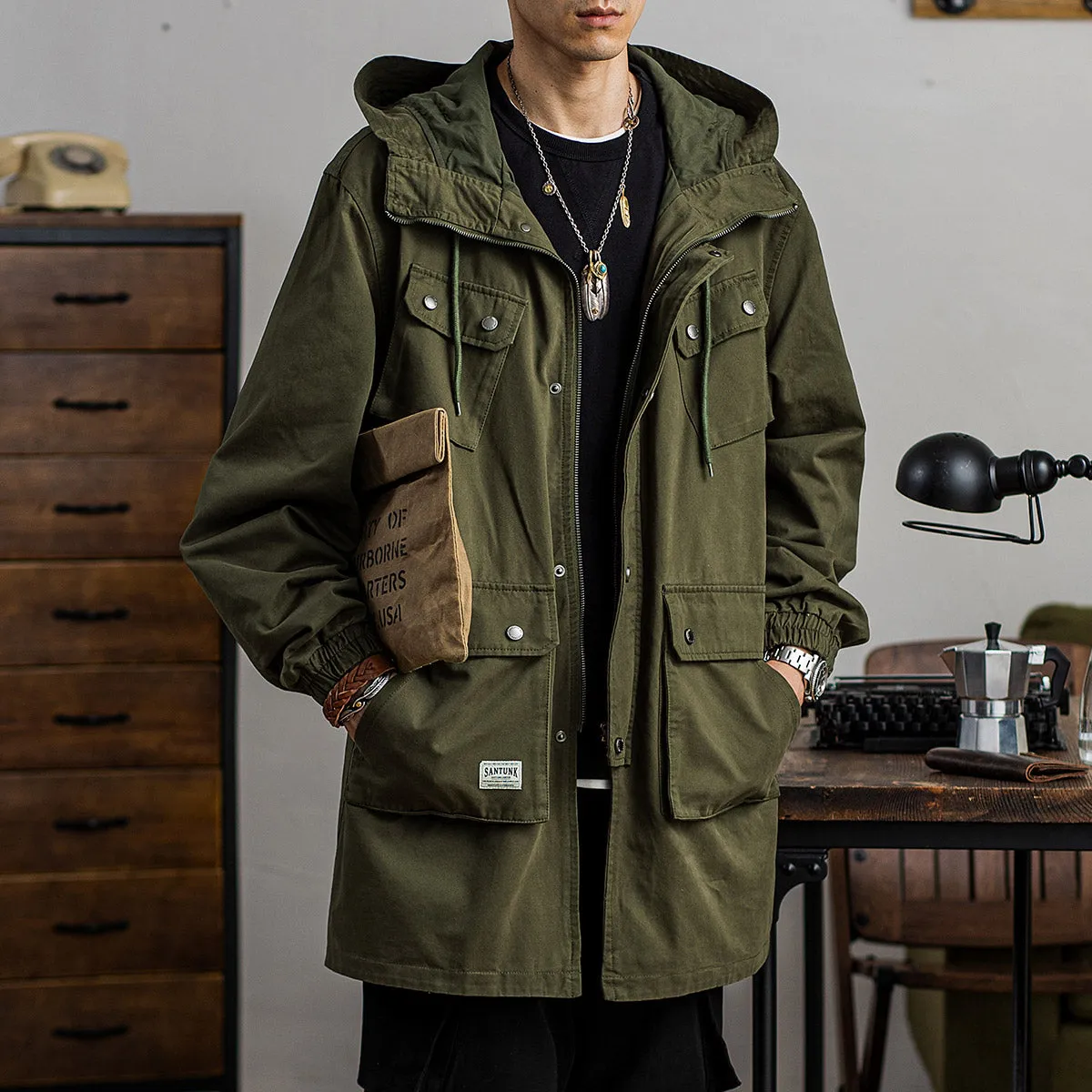 Men's Retro Long Trench Coat Over The Knee Multi-pocket Hooded Coat