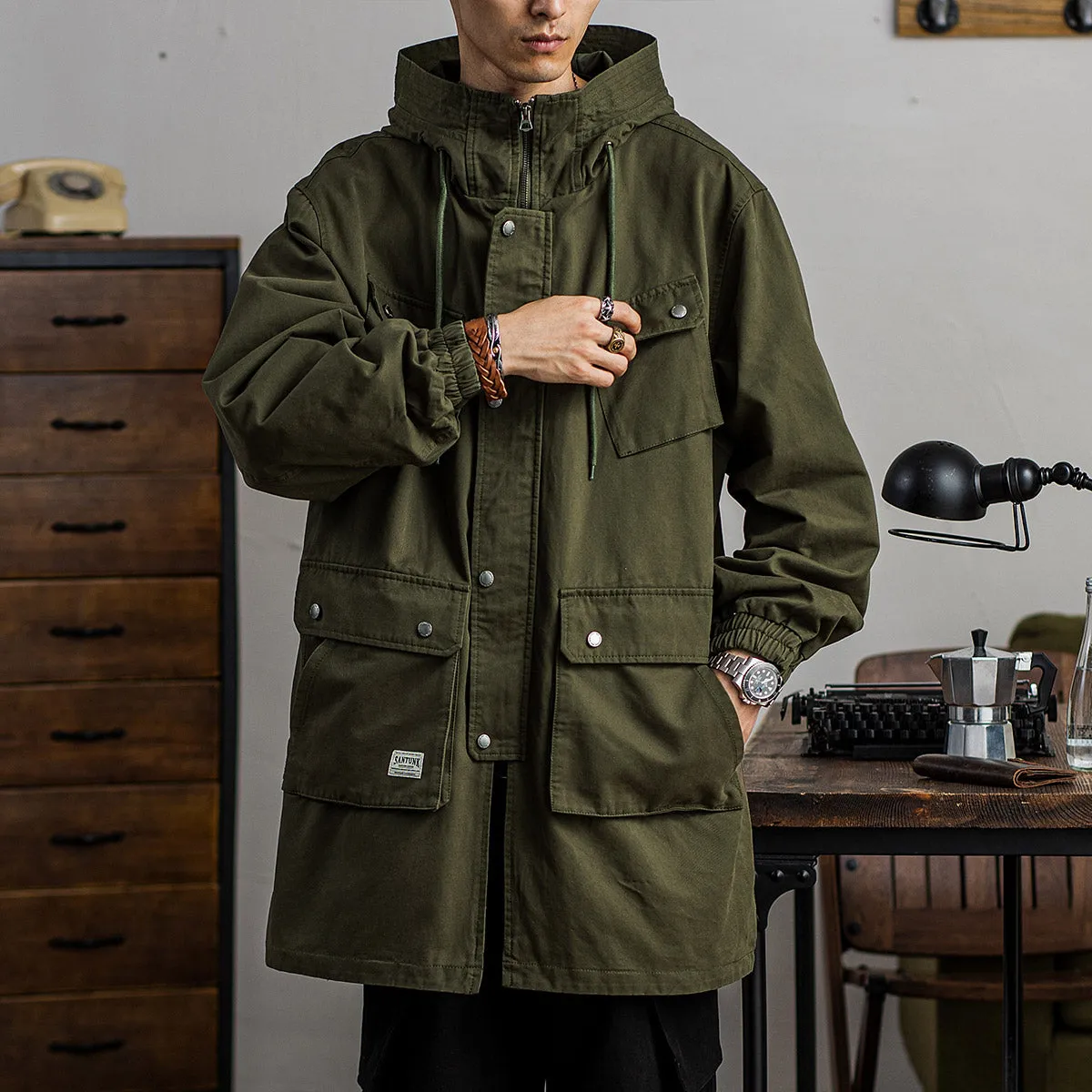 Men's Retro Long Trench Coat Over The Knee Multi-pocket Hooded Coat