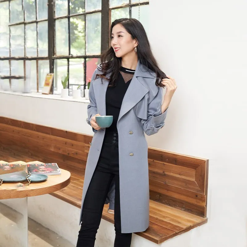 Mist Blue Trench Coats with Metal Buttons