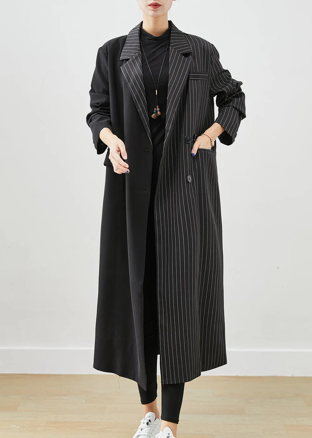 Modern Black Asymmetrical Striped Spandex Trench Fall ML2420