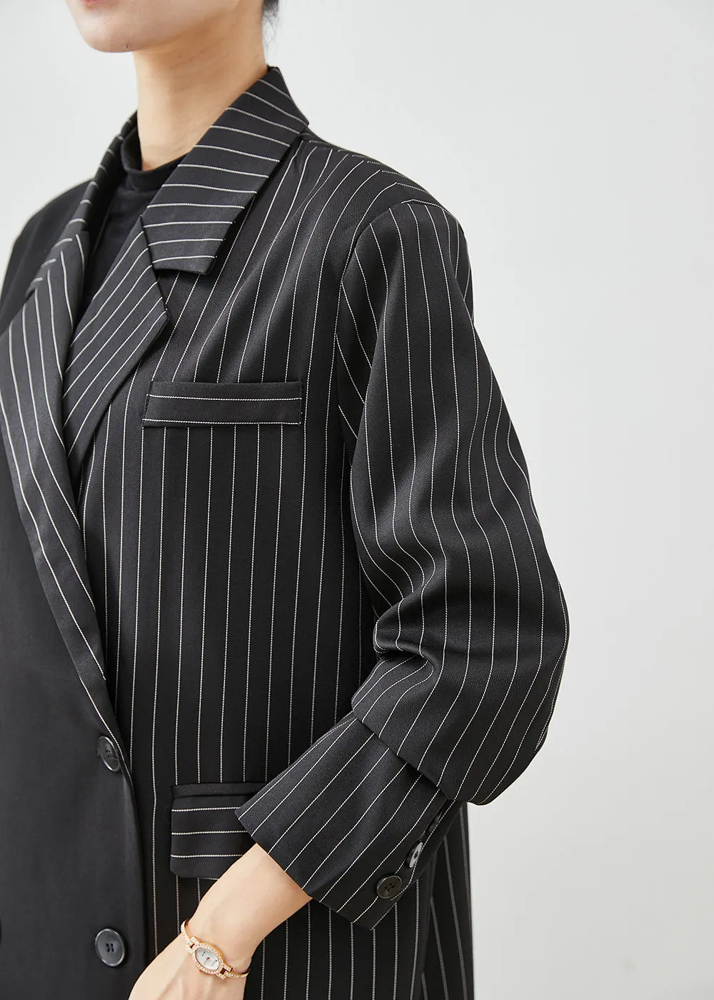 Modern Black Asymmetrical Striped Spandex Trench Fall ML2420