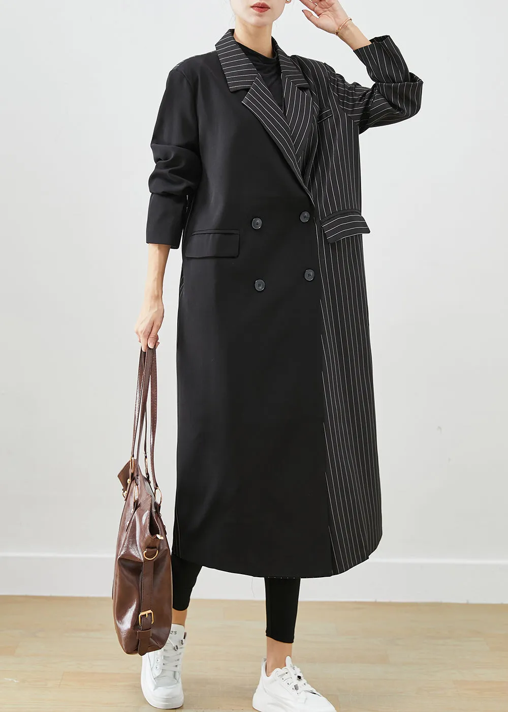 Modern Black Asymmetrical Striped Spandex Trench Fall ML2420