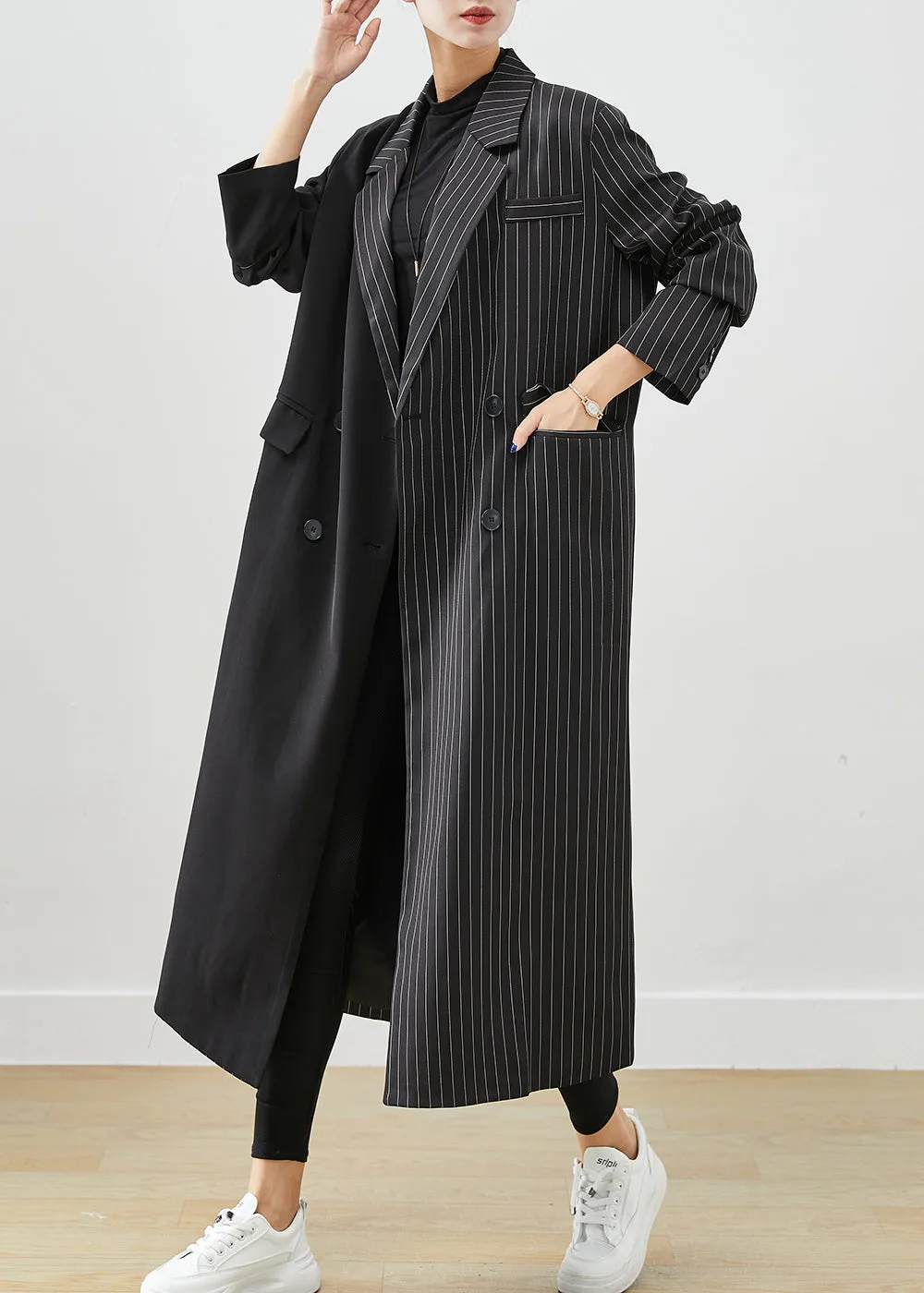 Modern Black Asymmetrical Striped Spandex Trench Fall ML2420