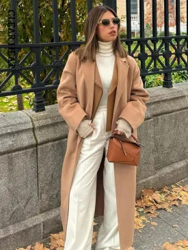 Mqtime Camel Chic Solid Lapel Trench Coats Jacket Elegant Commuting Full Sleeve Jackets Autumn Winter Female High Street Outerwear