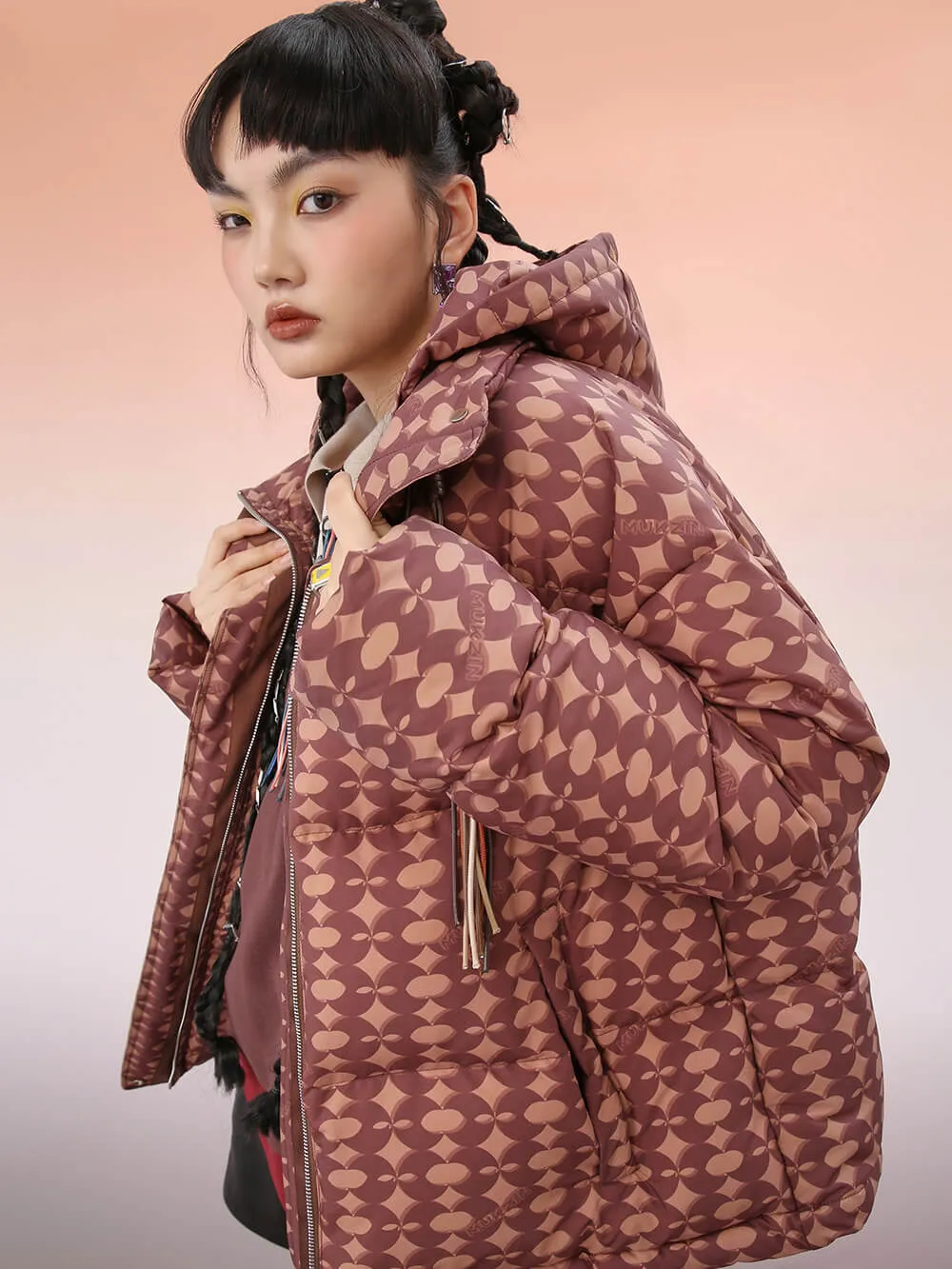 MUKZIN Cropped Hooded Printed Down Jacket