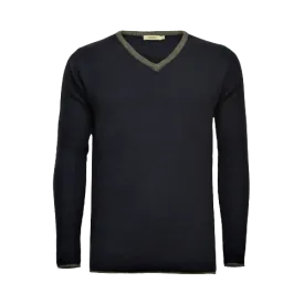 Navy Cashmere V Neck Sweater with contrast Neptune