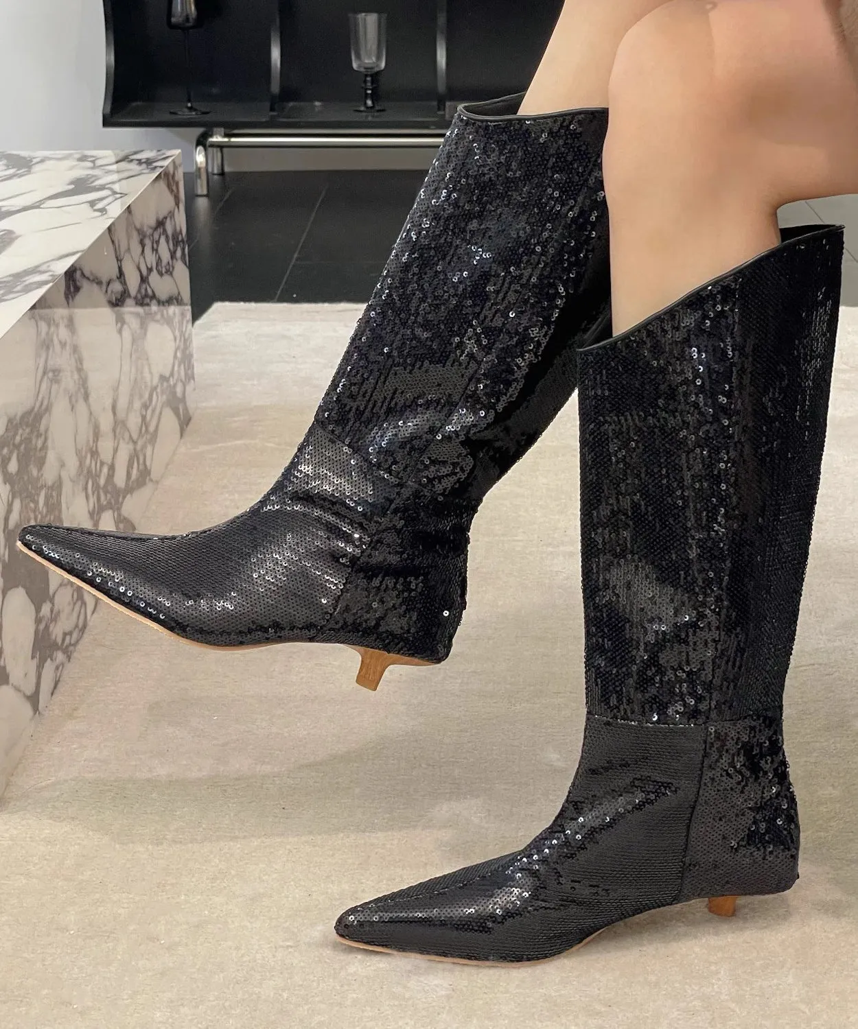 New Stylish Apricot Kitten Heels Sequins Boots OM009