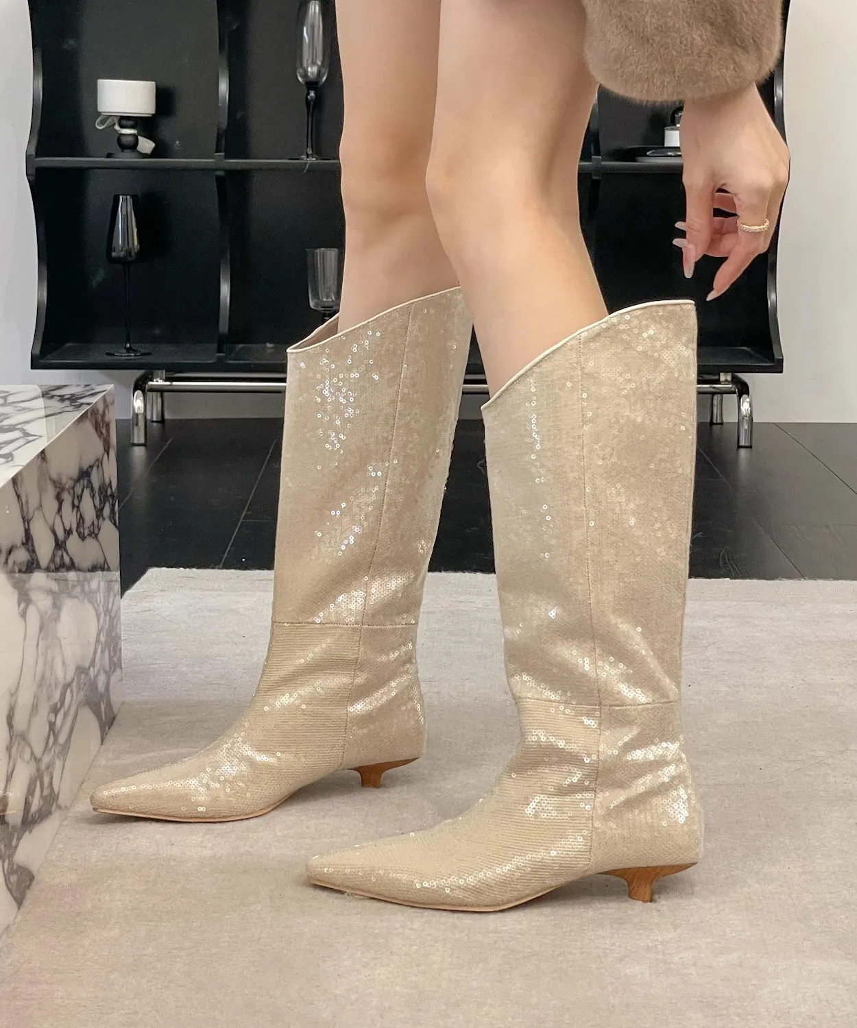 New Stylish Apricot Kitten Heels Sequins Boots OM009