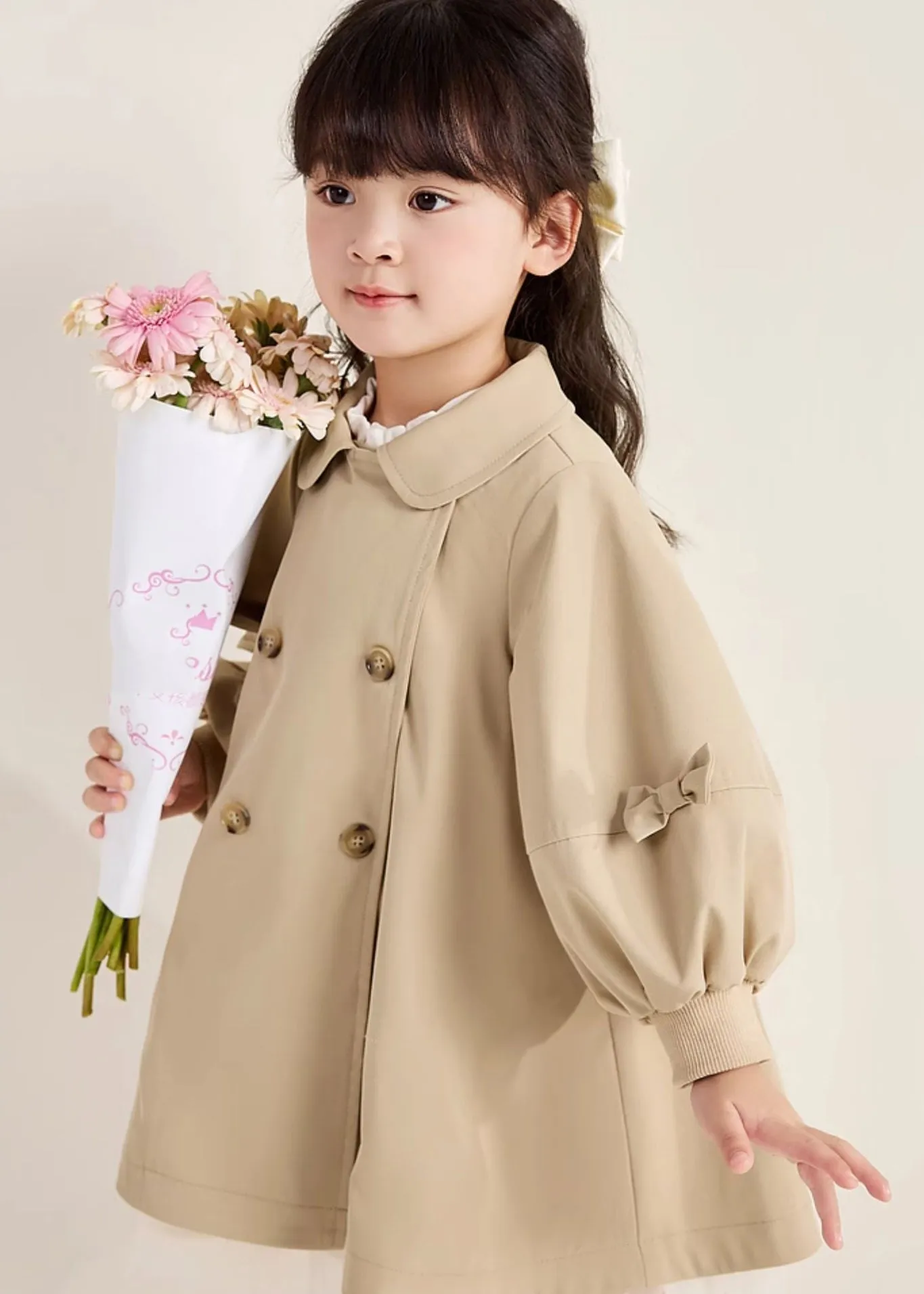 Novelty Khaki Peter Pan Collar Patchwork Button Girls Trench Coats Fall QV051