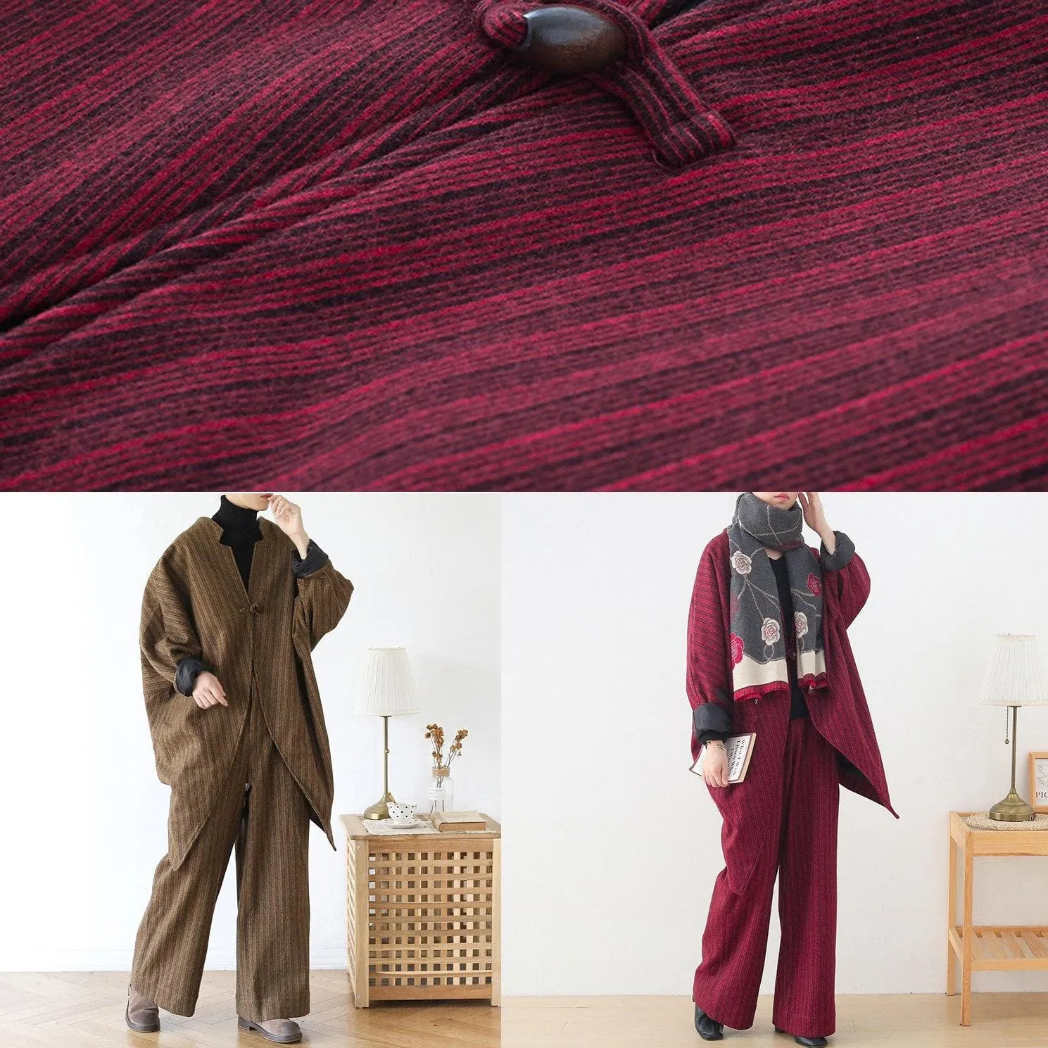 Original design red woolen suit female cocoon-shaped irregular mid-length coat autumn and winter