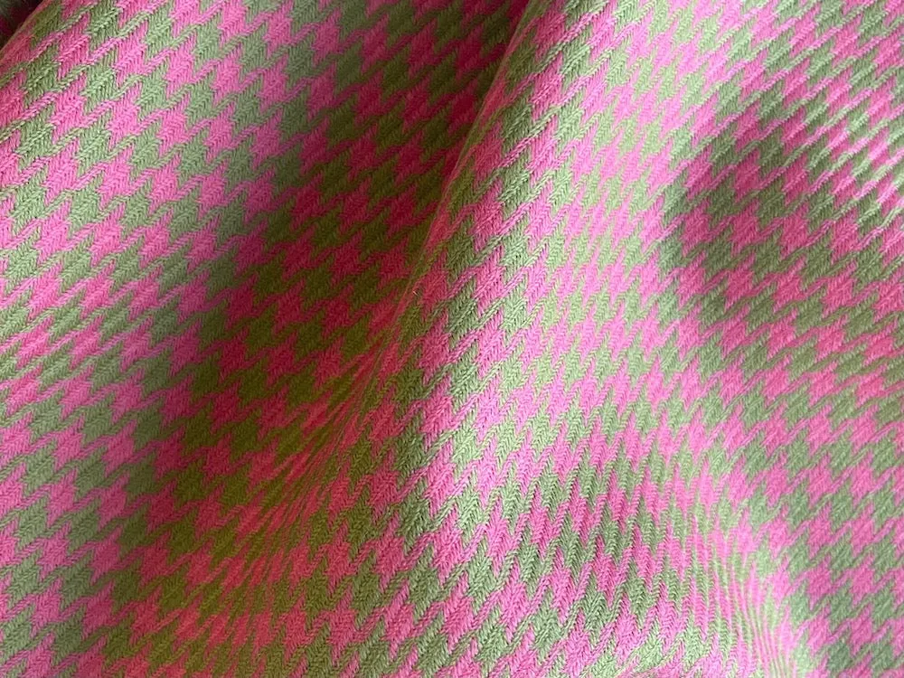 Peppermint Pink & Mossy Sage Hounds-Tooth Virgin Wool Twill (Made in Italy)