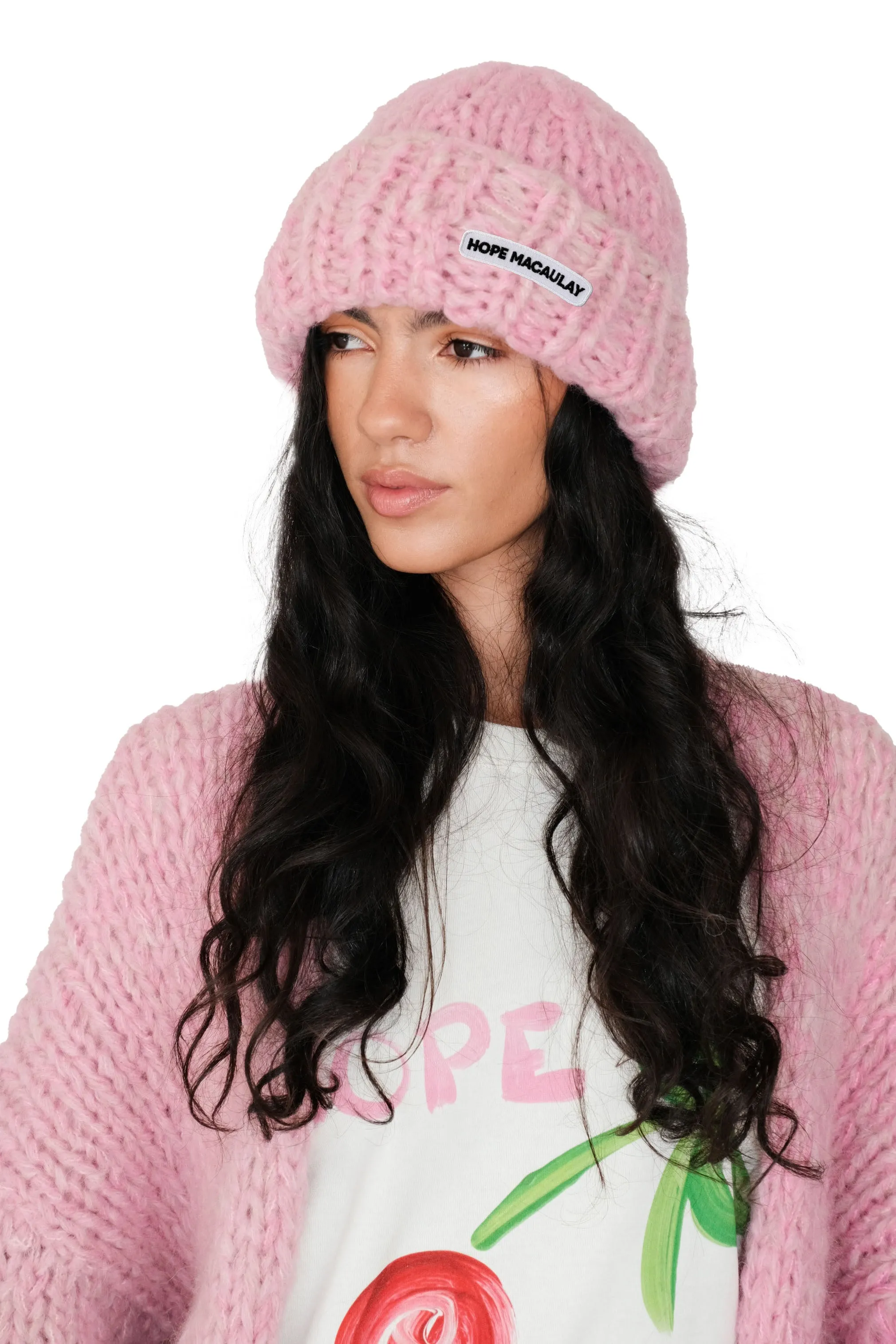 Pink Fluffy Chunky Knit Beanie Hat