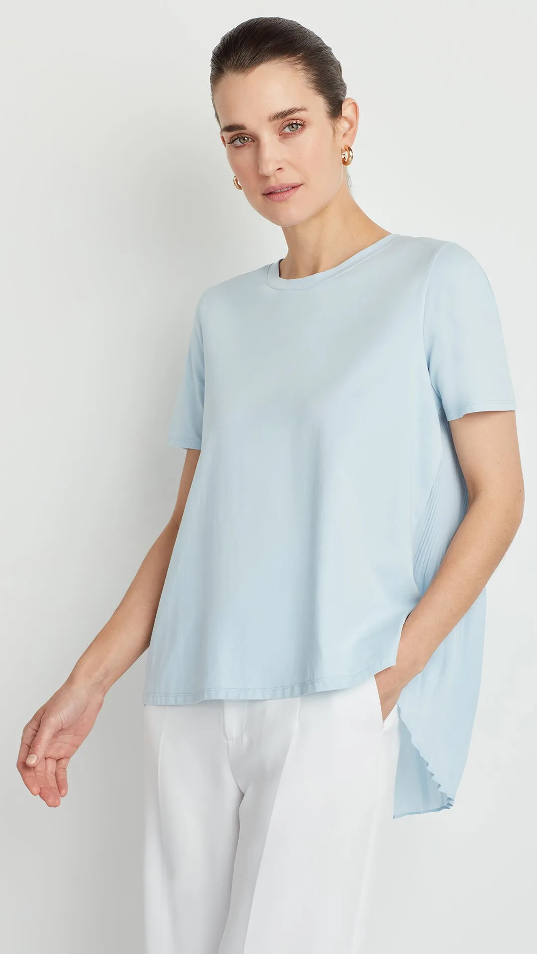 PLEATED CHIFFON CREWNECK TEE