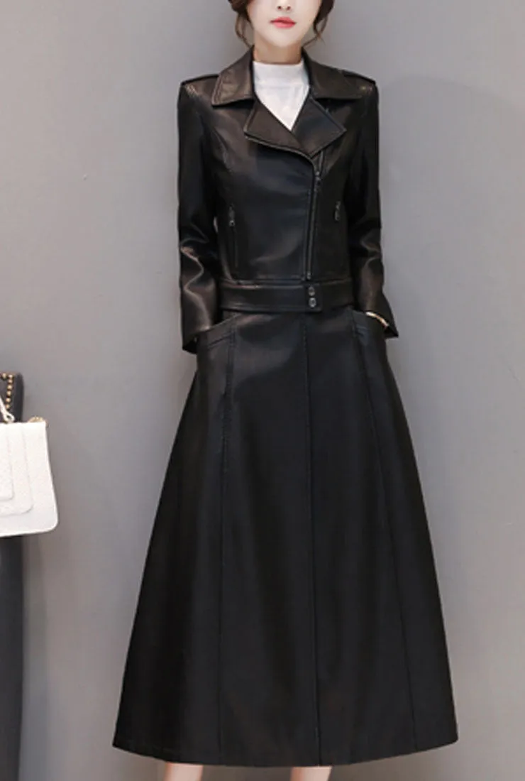 Removable Ankle-length Leather Trench Coat