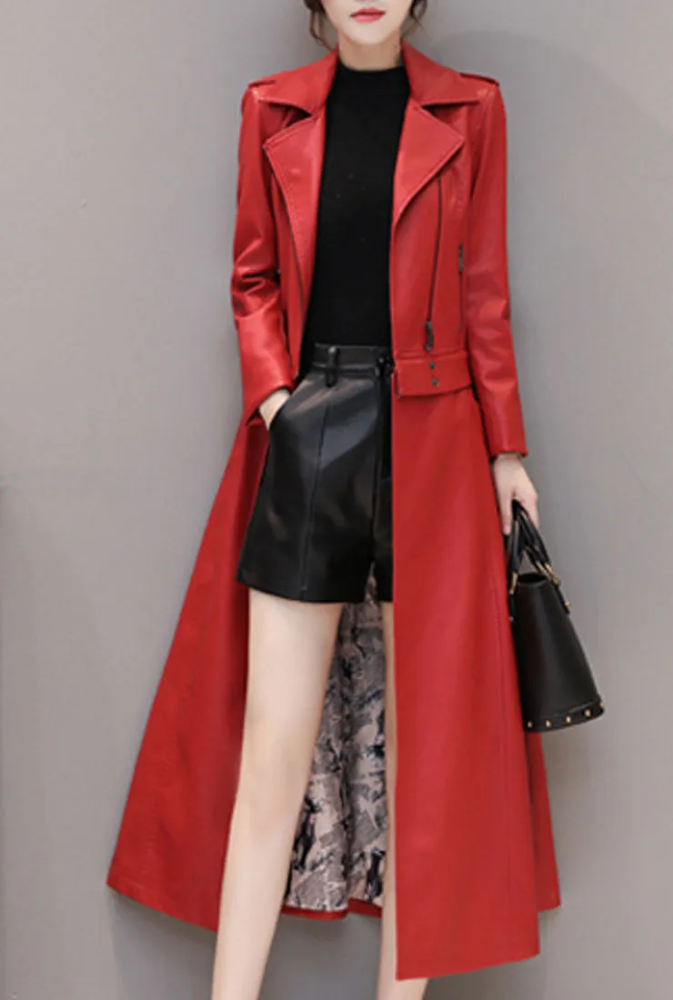 Removable Ankle-length Leather Trench Coat