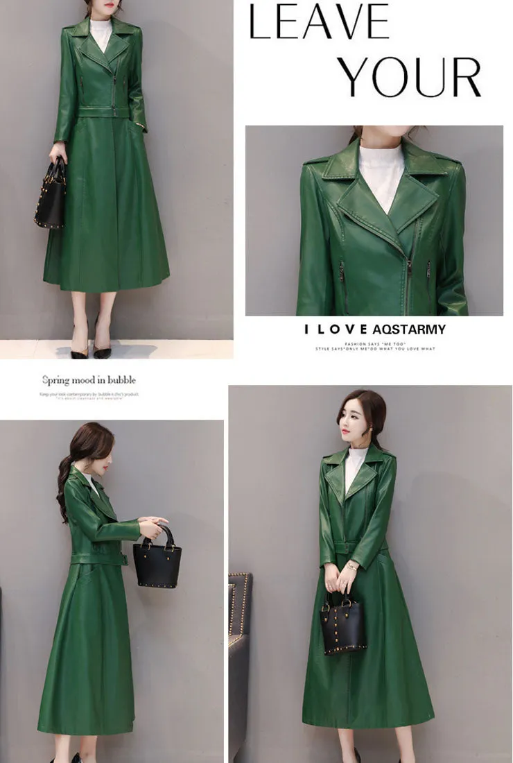 Removable Ankle-length Leather Trench Coat