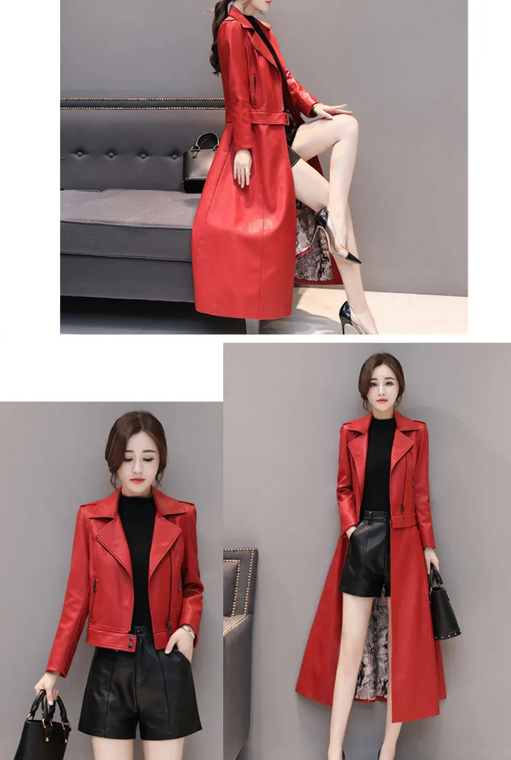 Removable Ankle-length Leather Trench Coat