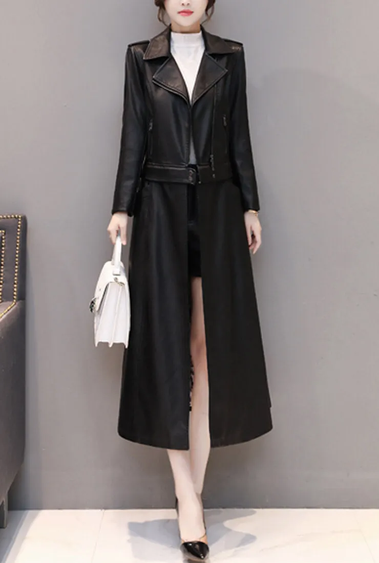 Removable Ankle-length Leather Trench Coat