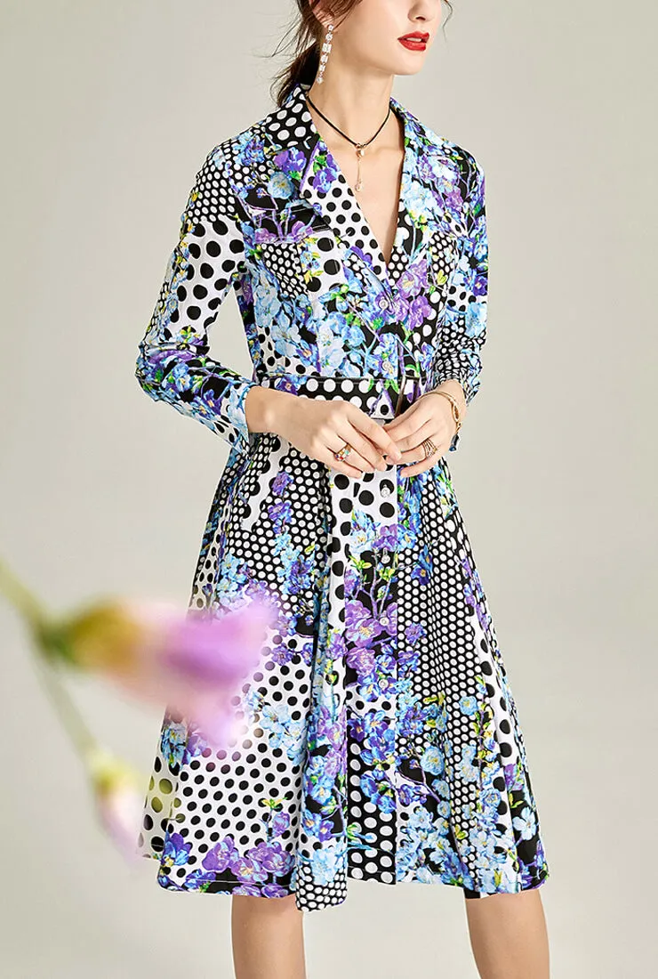 Retro Floral Print Cinched-Waist Trench Coat