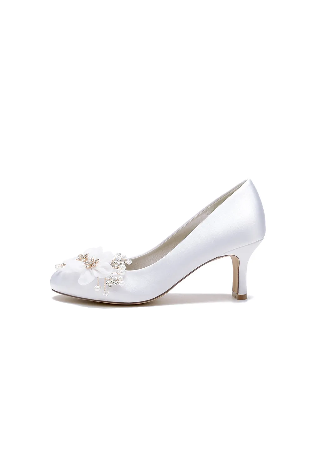 Rhinestone White Chunky Heels with Flower