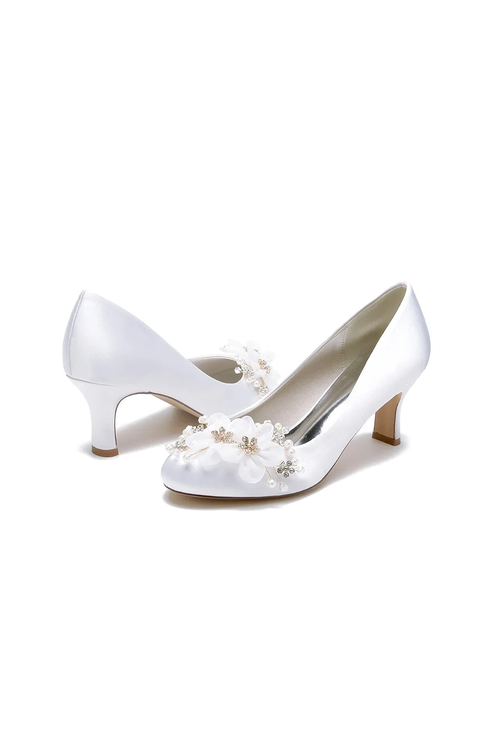 Rhinestone White Chunky Heels with Flower