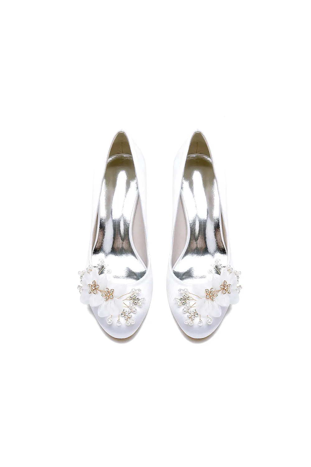 Rhinestone White Chunky Heels with Flower