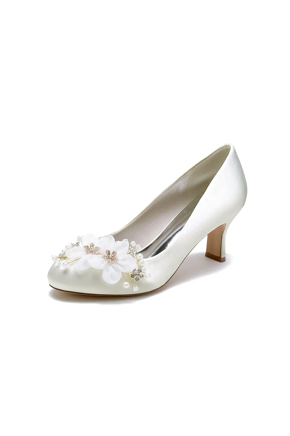 Rhinestone White Chunky Heels with Flower