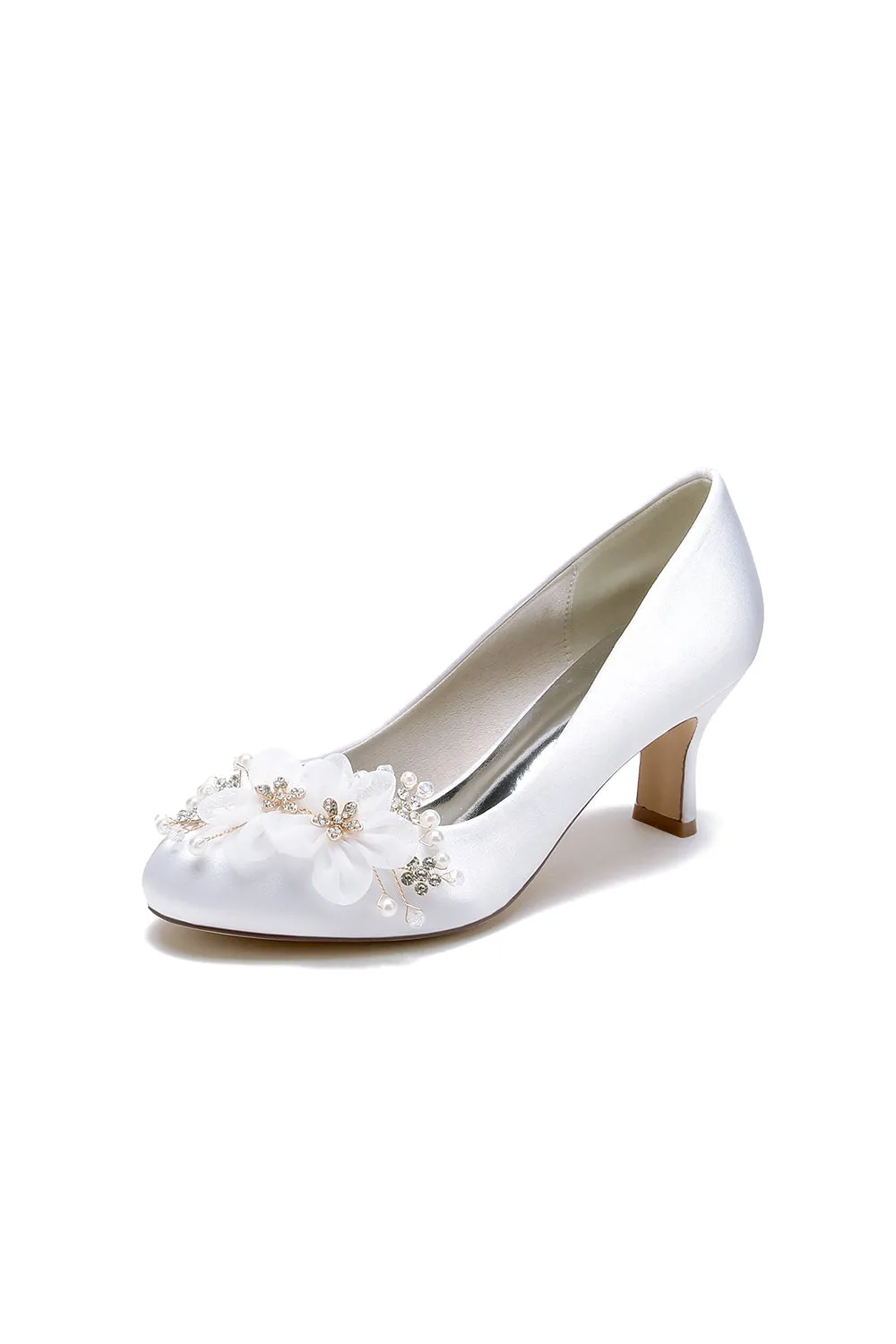 Rhinestone White Chunky Heels with Flower