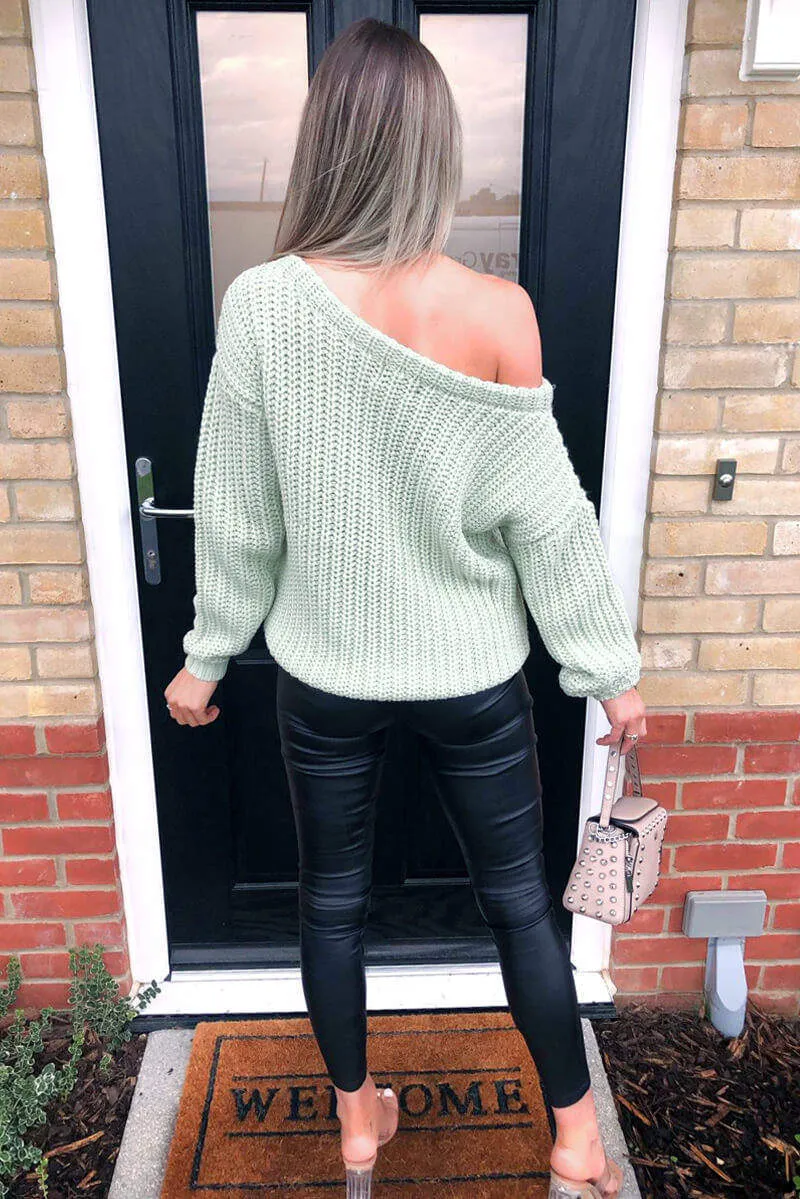 Sage Off The Shoulder Chunky Knit Jumper