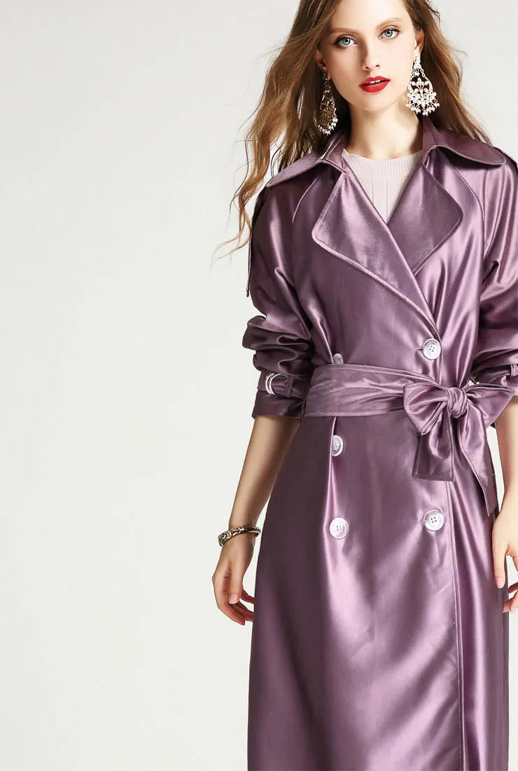 Satin Double-breasted Long Trench Coat