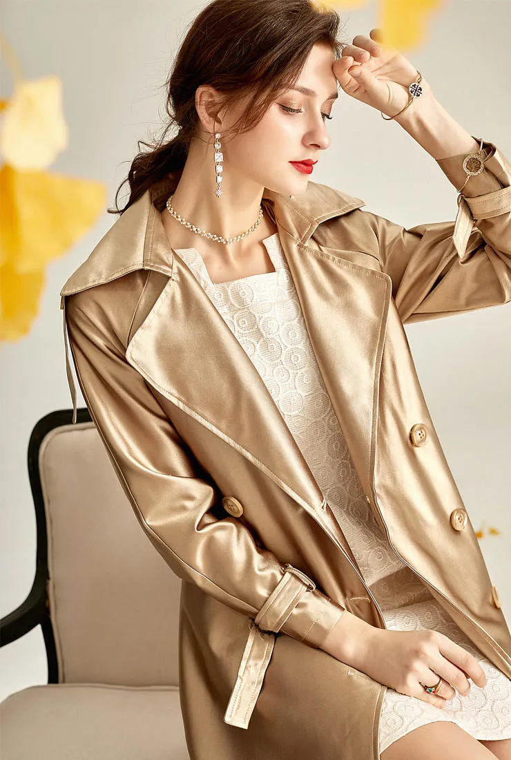 Satin Double-breasted Long Trench Coat