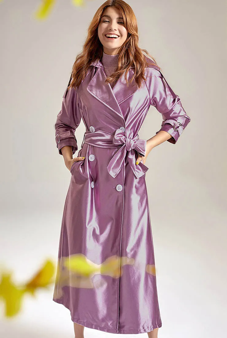 Satin Double-breasted Long Trench Coat