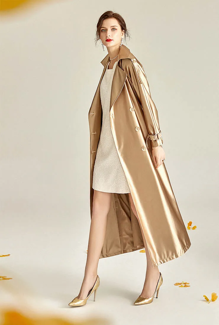 Satin Double-breasted Long Trench Coat