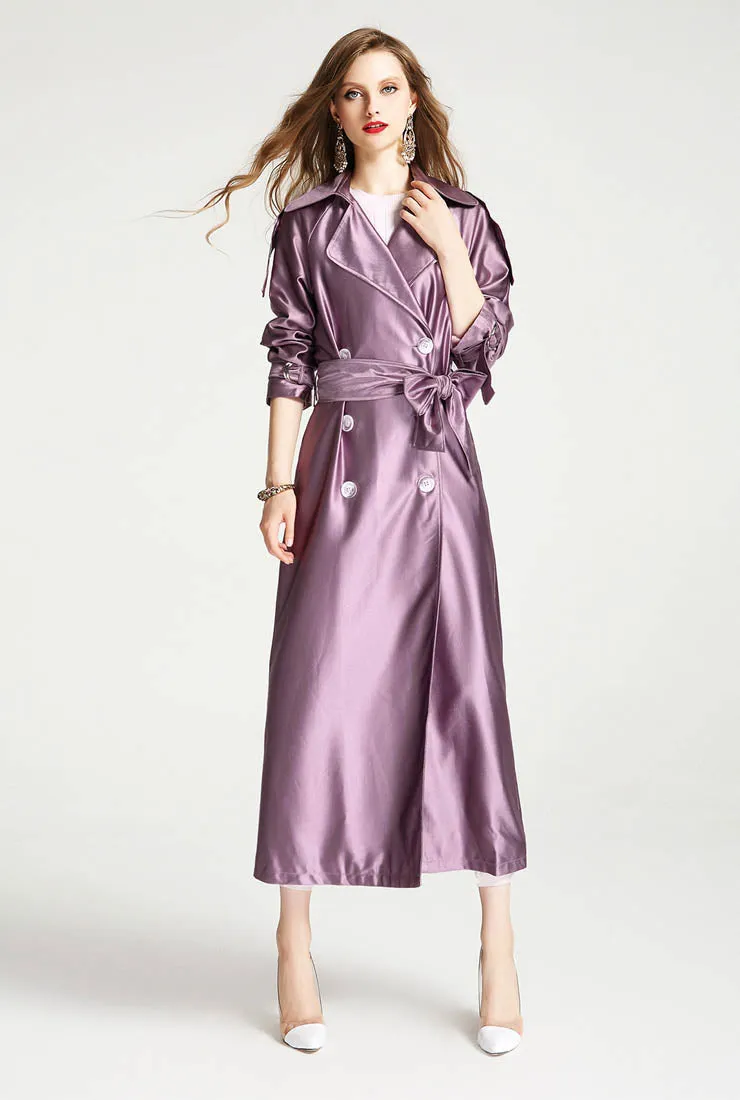 Satin Double-breasted Long Trench Coat