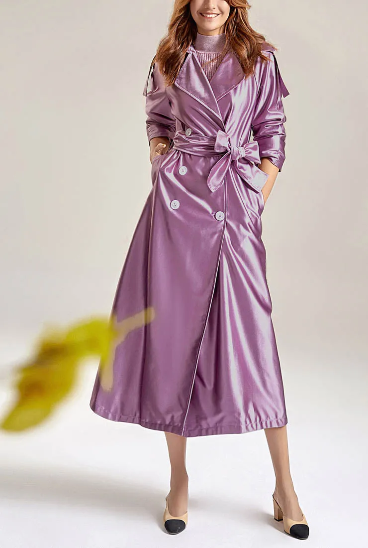 Satin Double-breasted Long Trench Coat