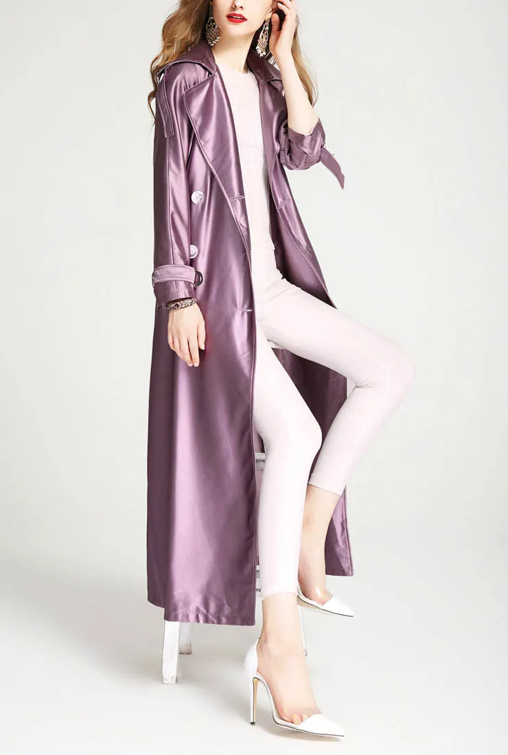 Satin Double-breasted Long Trench Coat