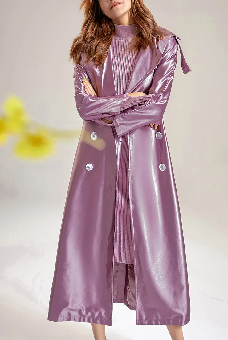 Satin Double-breasted Long Trench Coat