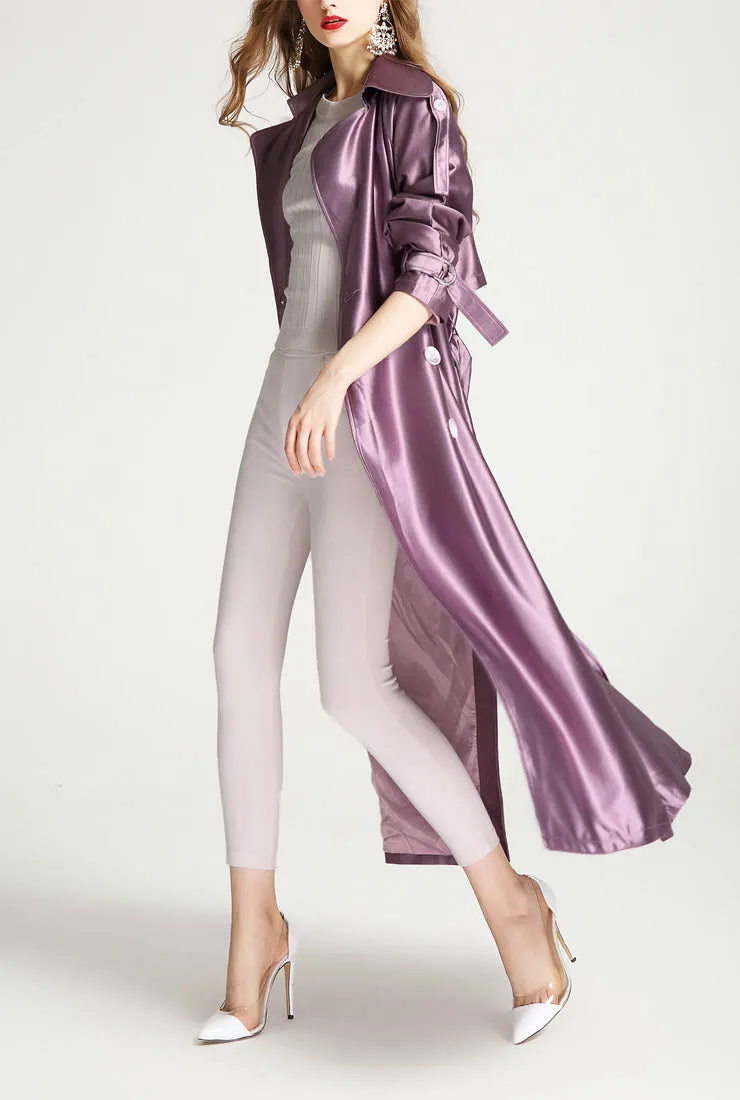 Satin Double-breasted Long Trench Coat