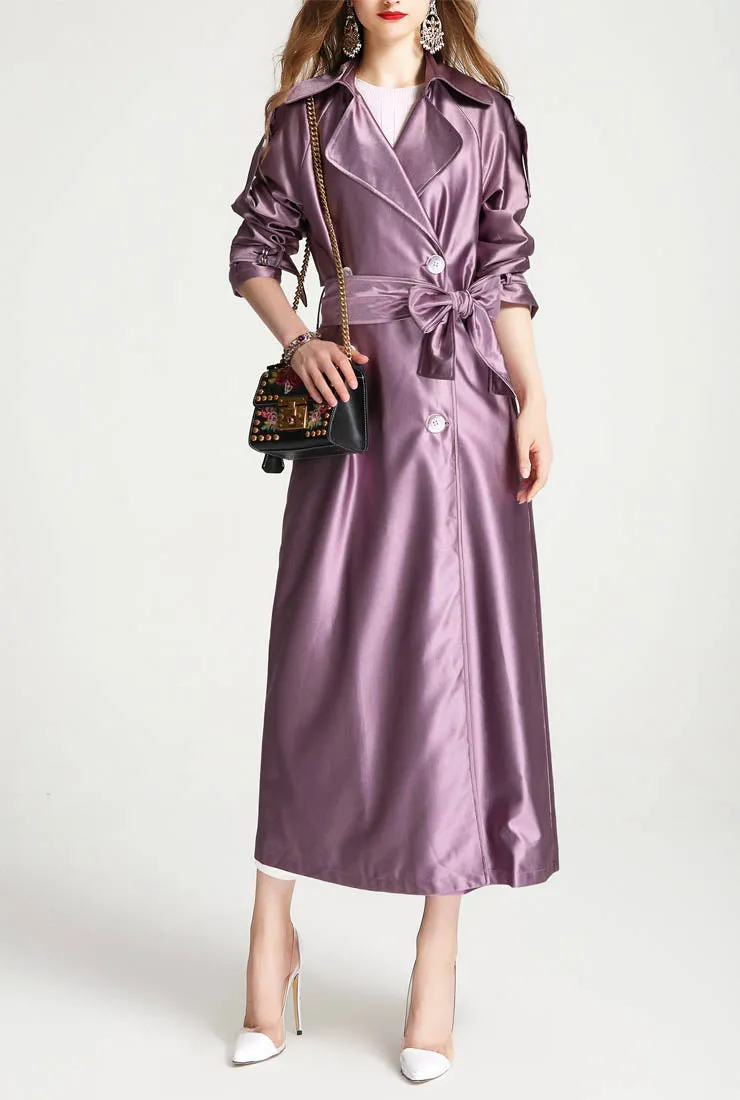 Satin Double-breasted Long Trench Coat