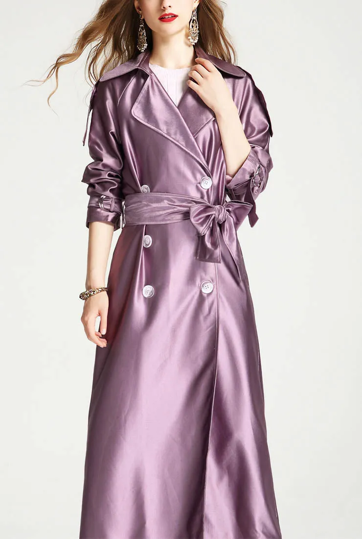 Satin Double-breasted Long Trench Coat