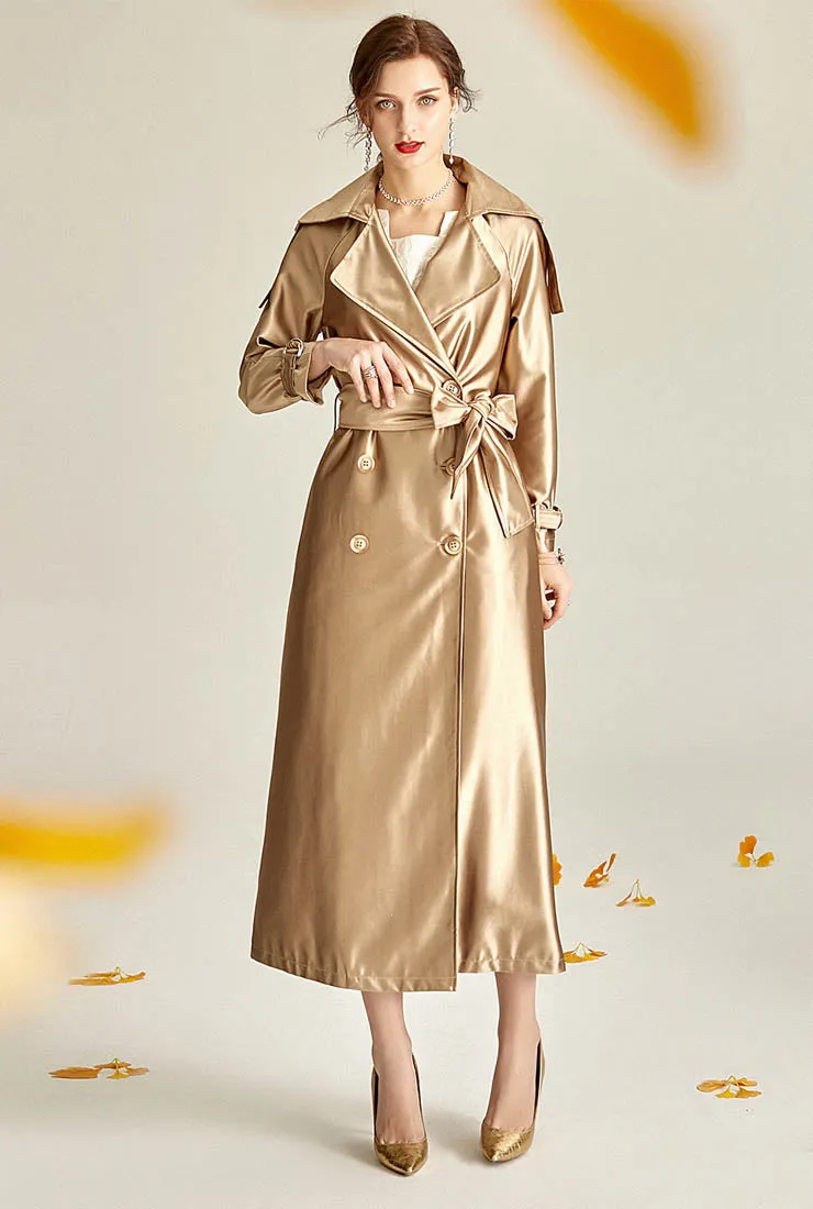 Satin Double-breasted Long Trench Coat