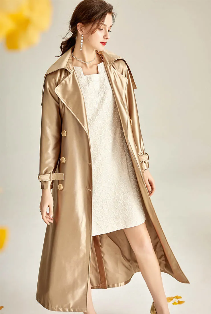 Satin Double-breasted Long Trench Coat