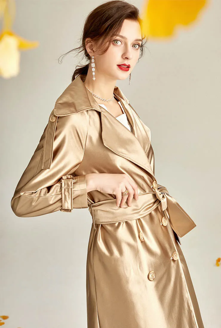 Satin Double-breasted Long Trench Coat