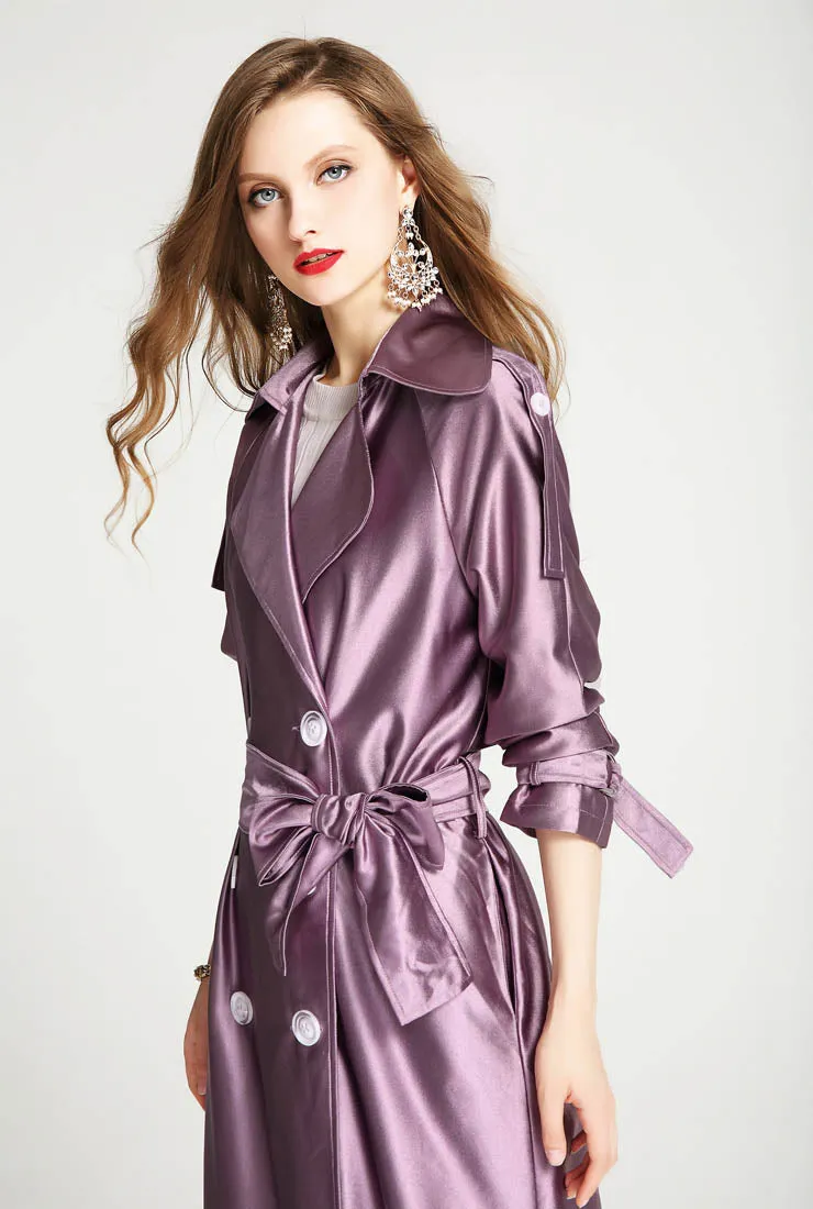 Satin Double-breasted Long Trench Coat