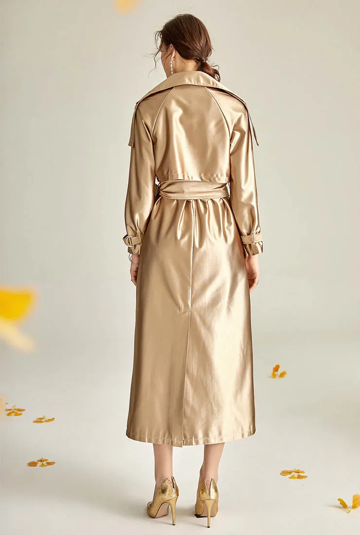 Satin Double-breasted Long Trench Coat