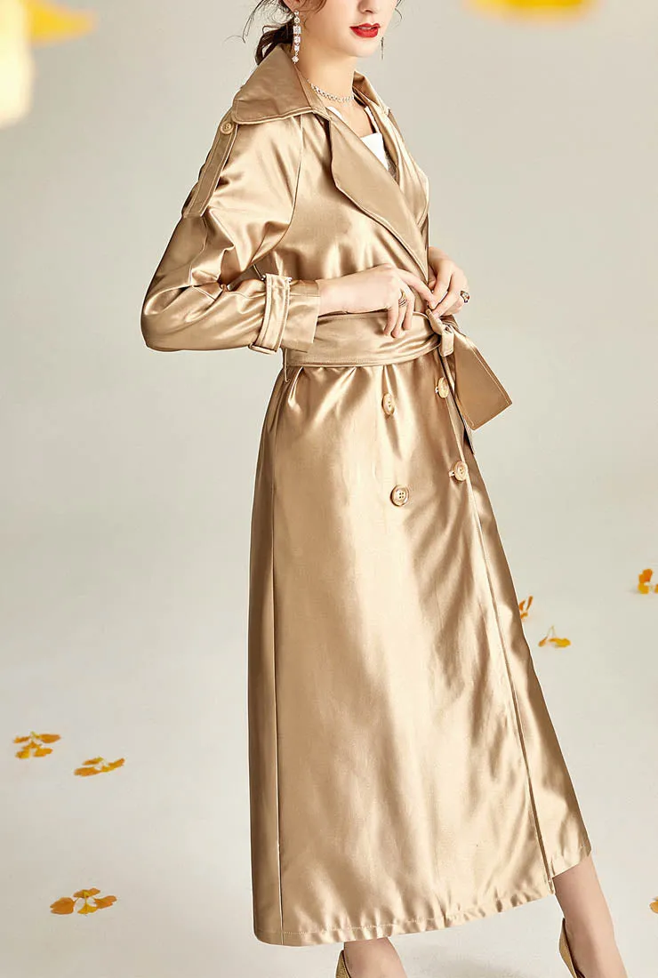 Satin Double-breasted Long Trench Coat