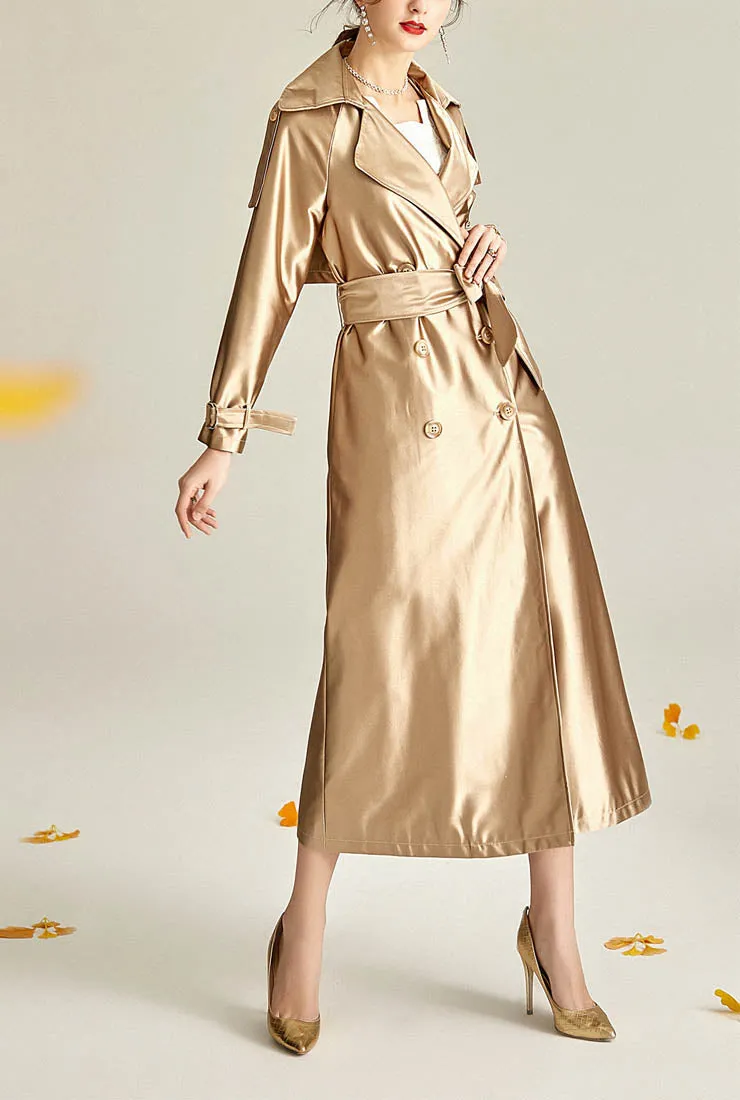 Satin Double-breasted Long Trench Coat