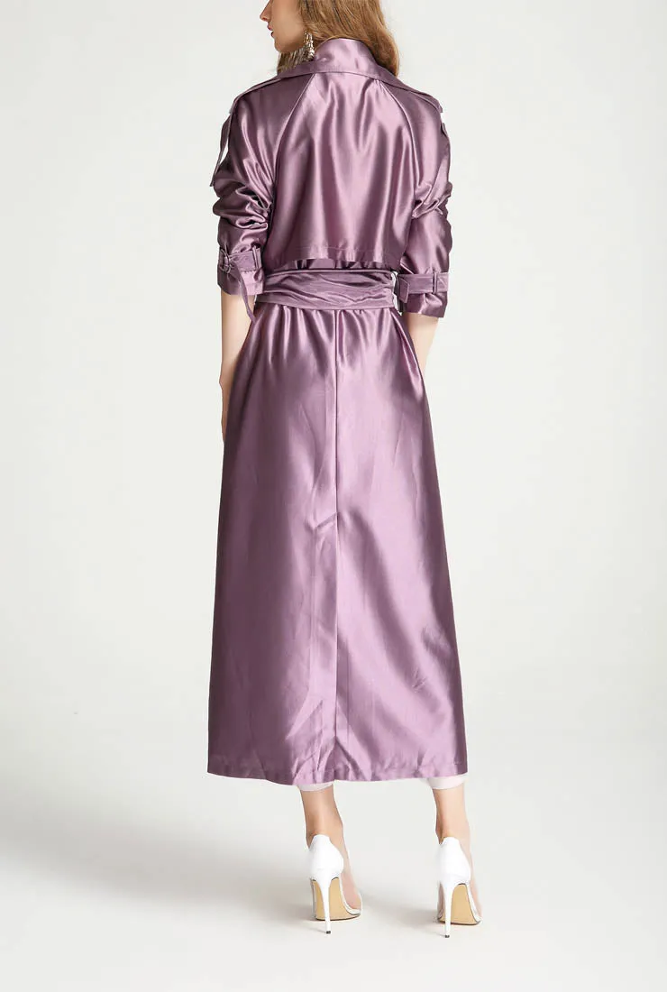 Satin Double-breasted Long Trench Coat